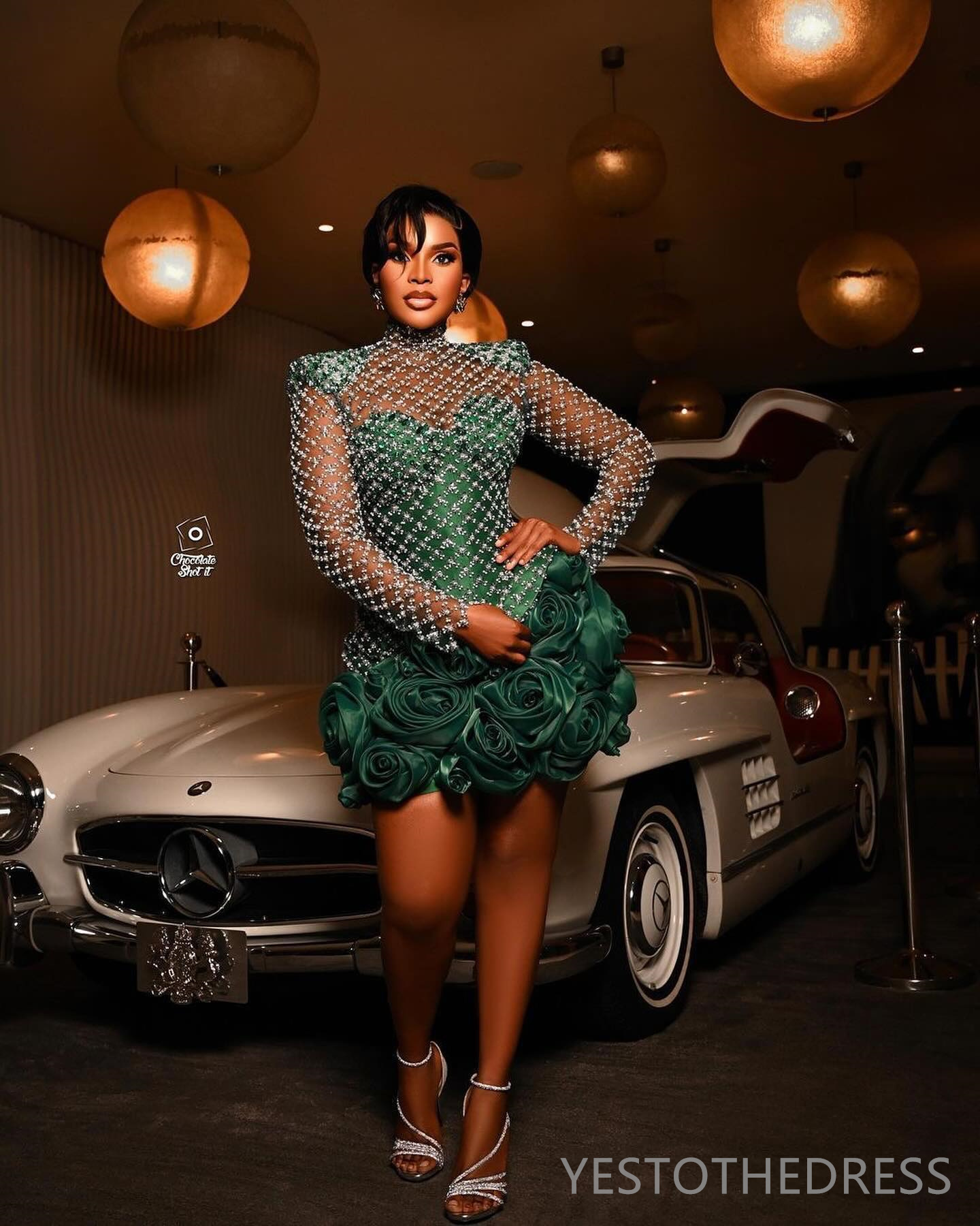 2024 Aso Ebi Green Cocktail Dresses For Women Short Prom Dresses Mini Dresses High Neck Long Sleeves Beaded Lace Flora Birthday Dresses For Special Oc