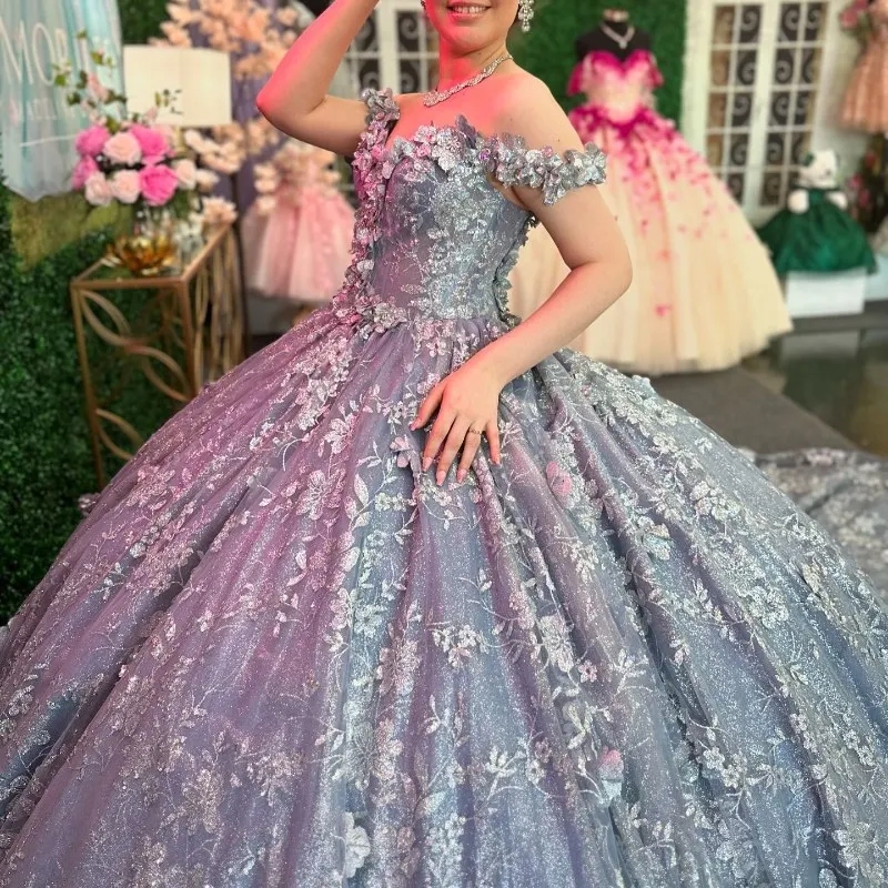 Luxury Silvery Sparkly Quinceanera Dresses Sequin Appliques Lace Beaded Ball Gown Sweet 16 Dress Party Birthday Wear Vestido De 15 Anos