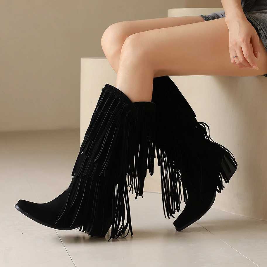 Large size 45 womens retro ethnic western cowboy boots mid piece fringed edge knee high boots womens winter shoes free delivery CL240927