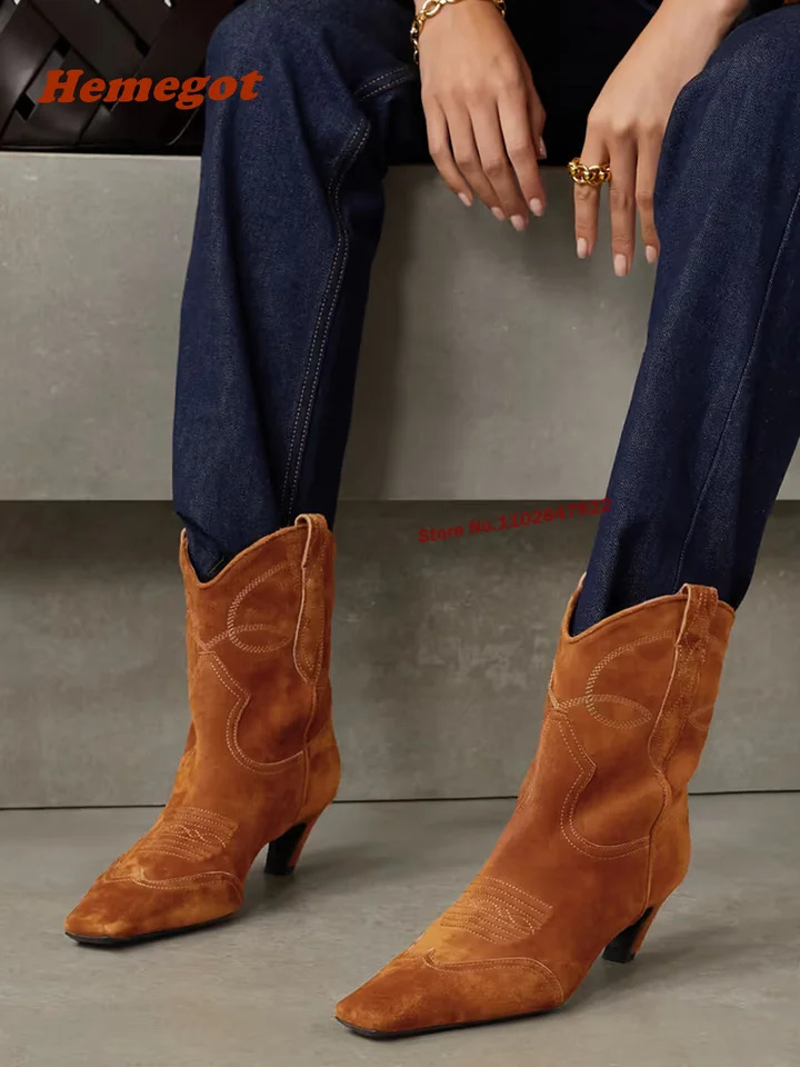 Embroidered suede cowboy boots with mid calf toes for women casual dark brown latest fashion winter 2024 plus size shoes 240930