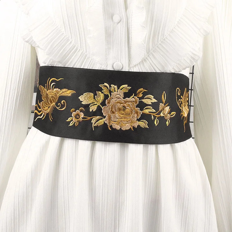 Black retro embroidered wide waistband womens embroidered decorative Chinese ethnic style belt suitable for dresses and Hanbok 240924