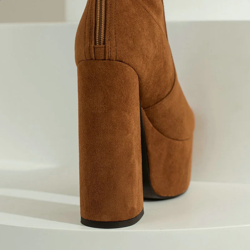 Plus Size 43 Platform Square High Heels Womens Knee High Boots Artificial Suede High Quality Round Toe Dress Womens Boots Black Brown 240926