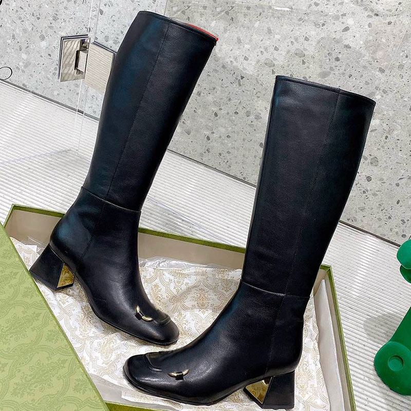 horse collar buckle high boots designer winter boots luxury womens leather boots anti slip wear resistant rubber sole height increasing thick heel knee high boots