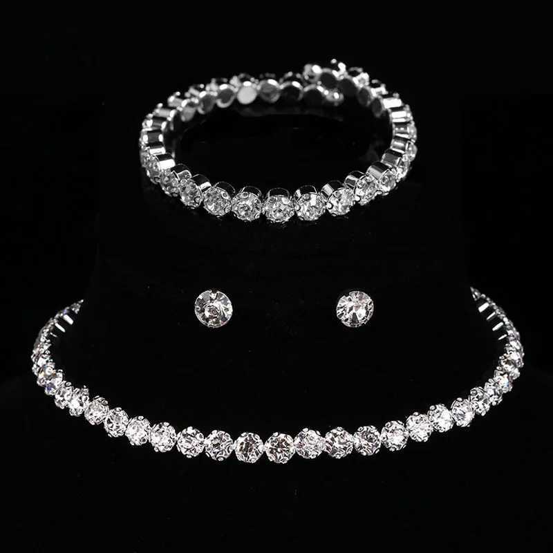 Deluxe round crystal jewelry set used for charm silver bracelets stud earrings zircon chain necklaces wedding party jewelry X241106