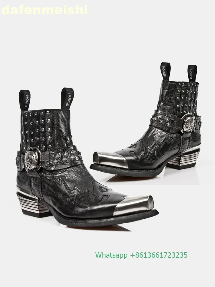 Metal square toe thick boots with rivet buckle black Leath Western cowboy for menwomen height increasing 241028