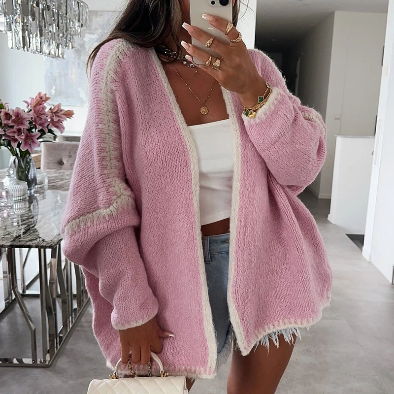 Womens elegant long sleeved knitted jacket autumn and winter color loose cardigan womens V-neck sportswear 240913