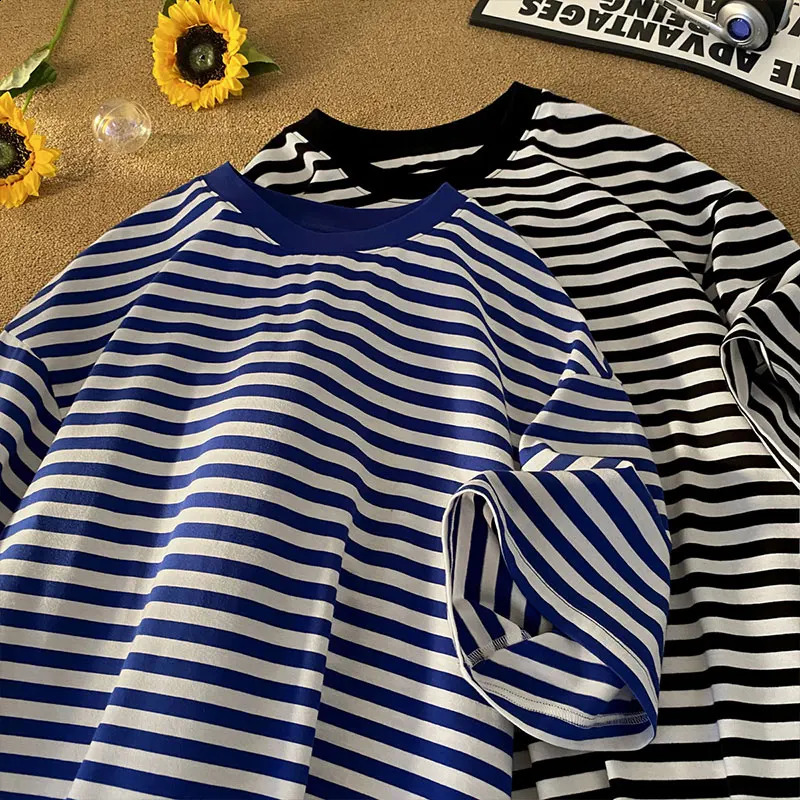 Classic Korean striped T-shirt casual O-neck T-shirt color blocked horizontal striped short sleeved T-shirt 240927