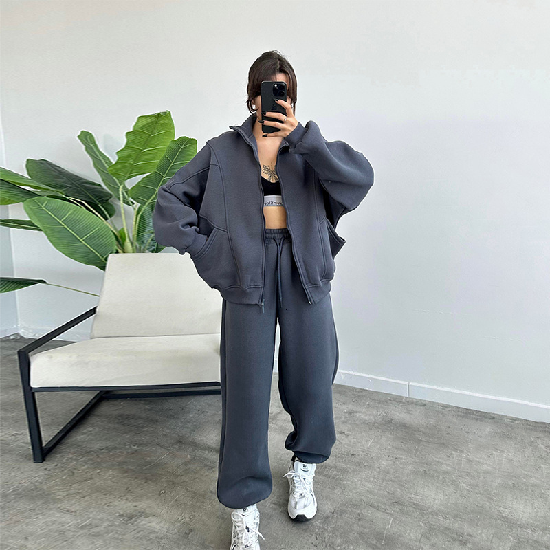 dongdumaoyi Women s clothing autumn new fashion zipper pocket hoodie loose sweatpants casual set F0927#78