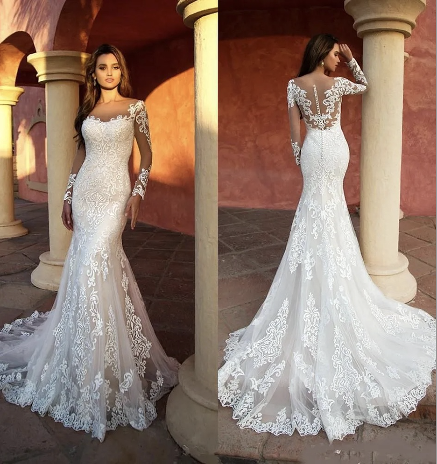 Vintage New Arrival Mermaid Wedding Dresses Sheer Neck Long Sleeve Appliqued Lace Bridal Gowns Illusion Wedding Dress robe de mariee 2025 - view 3