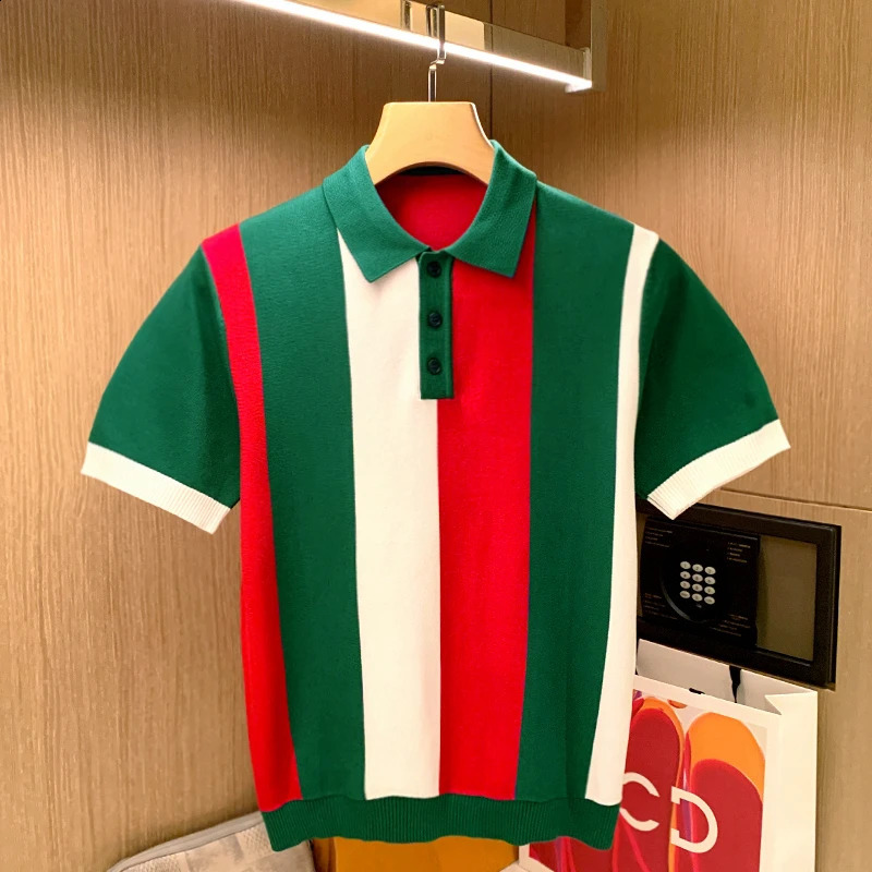 2024 Summer Mens Fashion Stripe Patchwork Polo Shirts Male Knit Casual Tops Tees Men Fashion Button Short Sleeve Polos Z18 240927