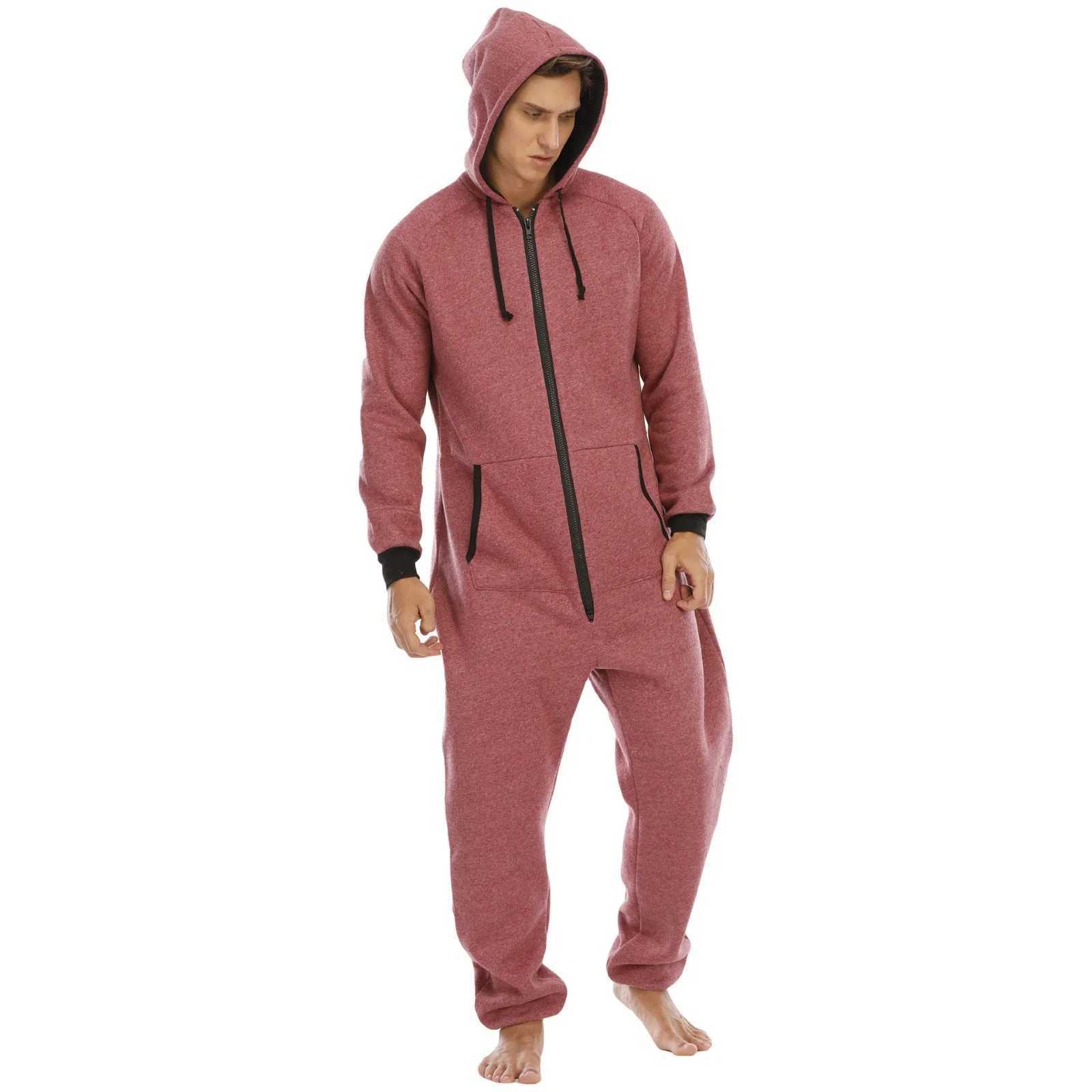 Mens long sleeved pajamas zipper V-neck solid color hoodie mens autumn and winter casual pants 1-piece jumpsuit W240926