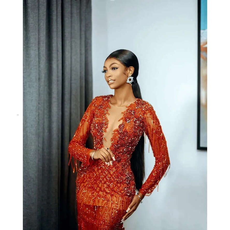 Shining Deep Prom Mermaid V-Neck Glamorous Dresses Beaded Tassel Long Sleeves Backless Zipper Or Length Custom Made Evening Dress Plus Size