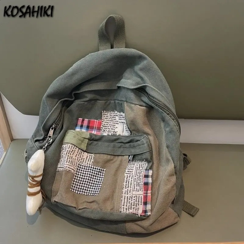 2025 NEW Patchwork Vintage Y2k Aesthetic Canvas Bags Grunge Simple Japanese Students Backpac Women All Match Trendy Pendant Schoolbags 240921 zhanyish