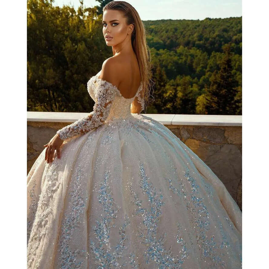 Wedding Off The Shoulder Dresses V Neck Long Sleeve All Over Shiny Beaded Sequins Lace Princess Ball Gown Vestidos De Novia Estidos 0107