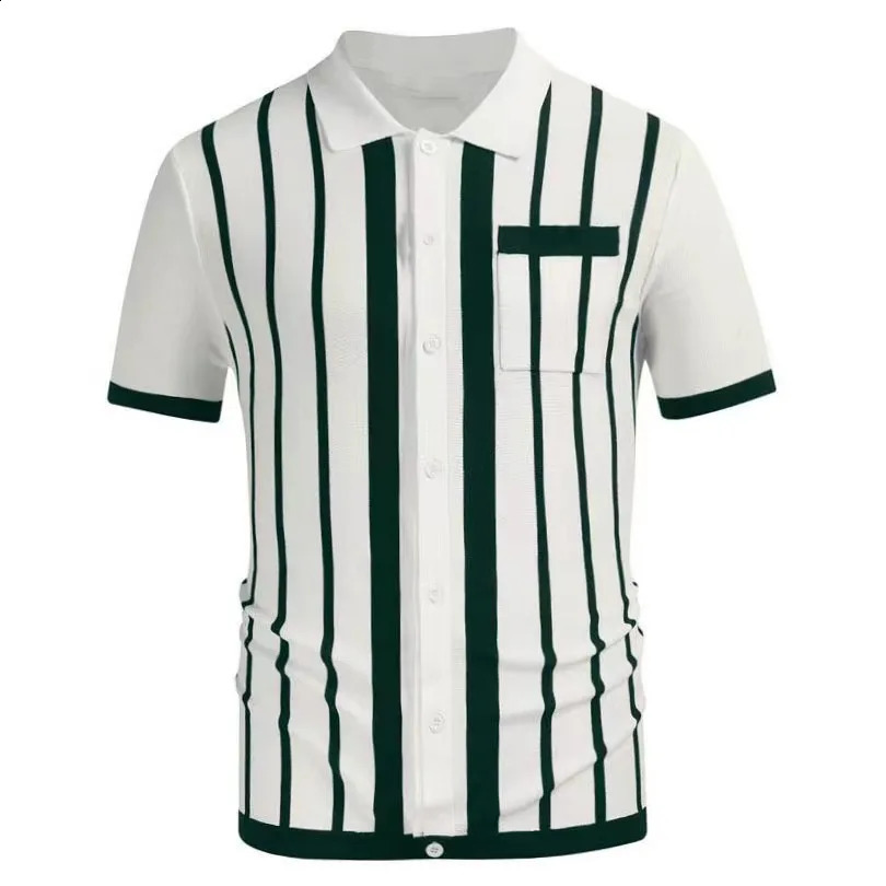 Summer Men Clothing Knit Short Sleeve Polo Shirt Casual Classics Stripes Lapel Button Slim Fit Cardigan Breathable Tops 240927