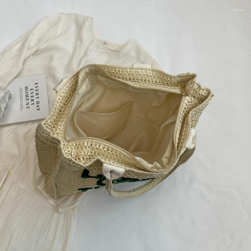 Drawstring Summer Crochet Women Large Capacity Straw Braid Shoulder Portable Beach Letter Handwoven Handbags Casual Bags