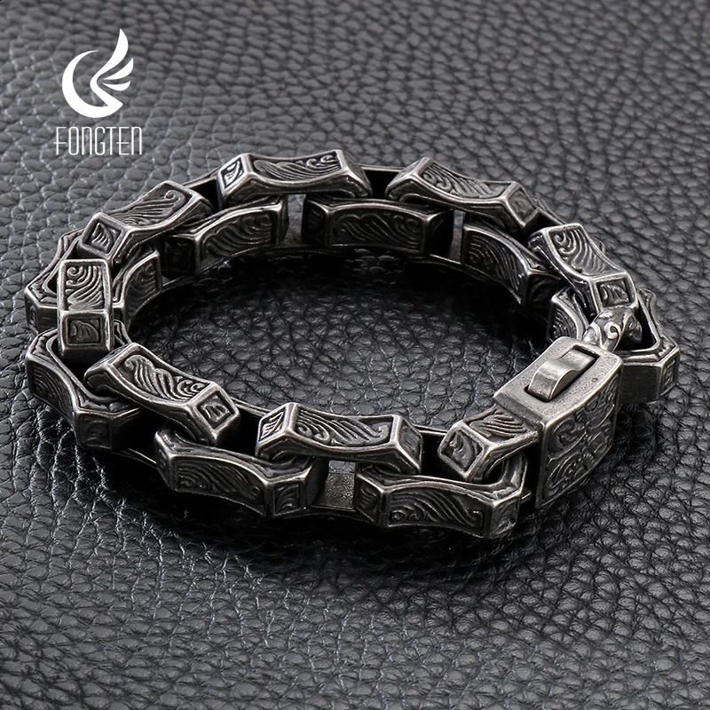 Fangdun Carving Square Charm Bracelet Mens Stainless Steel Box Chain Bracelet Mens Antique Silver Jewelry 240918