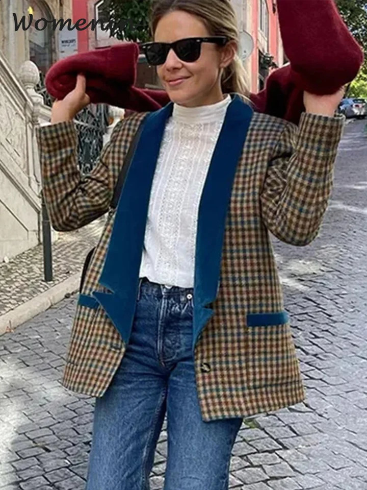 Vintage Plaid Print Women Blazer Jackets Long Sleeve Pocket Patchwork Slim Female Coats 2024 Spring Autumn Chic Lady Streetwear 240918