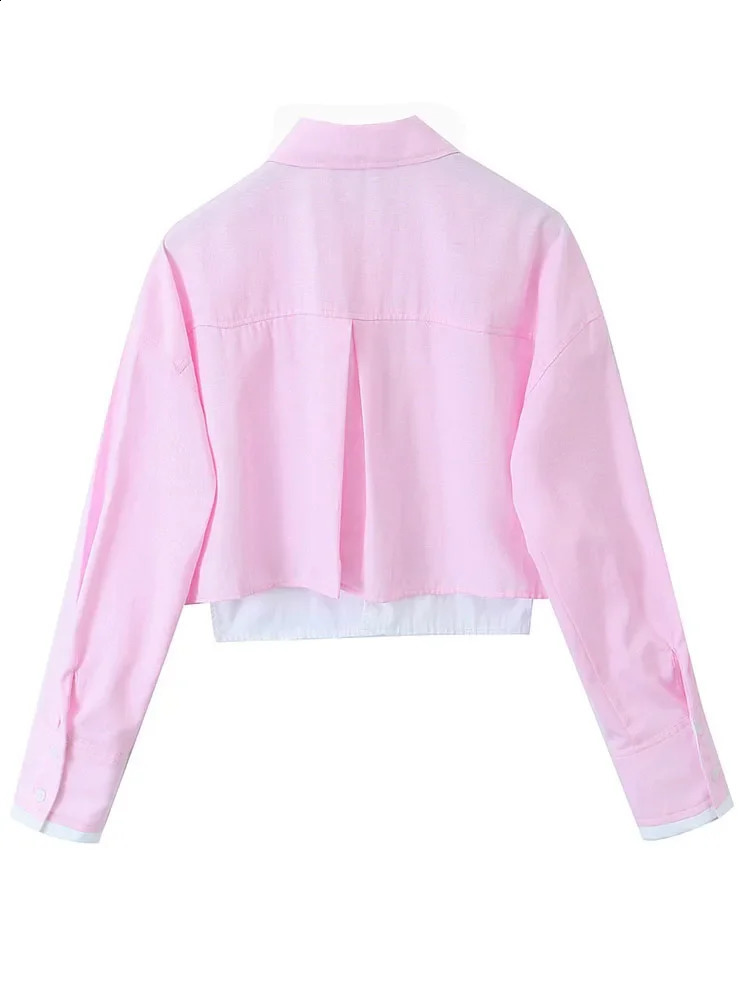 TRAF Fashion Woman Pink Patchwork Shirt Long Sleeve Cropped Shirts For Ladies 2024 Streetwear Button Up Blouses Tops 240926