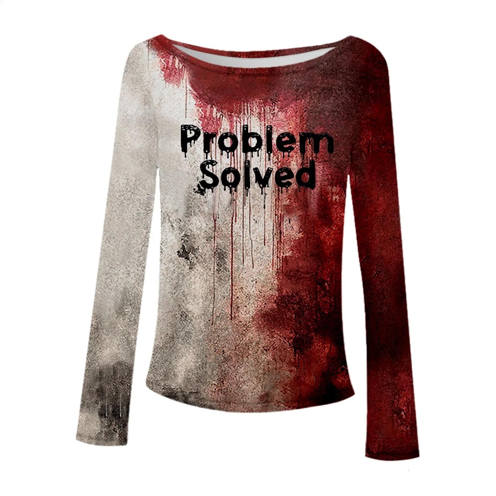 T-Shirt Problem Solved Bloody Fonts Tshirt Halloween Ladies Printed Long Sleeve Crew Neck T Shirt Top Distressed Slim Party Y2K Cloth Dhjfd