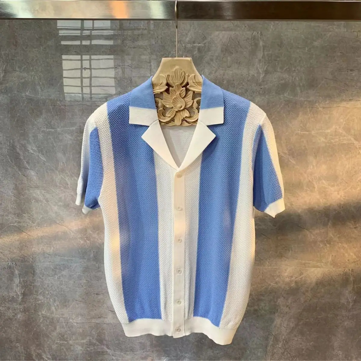 Summer Men Clothing Knit Short Sleeve Polo Shirt Casual Classics Stripes Lapel Button Slim Fit Cardigan Breathable Tops 240927