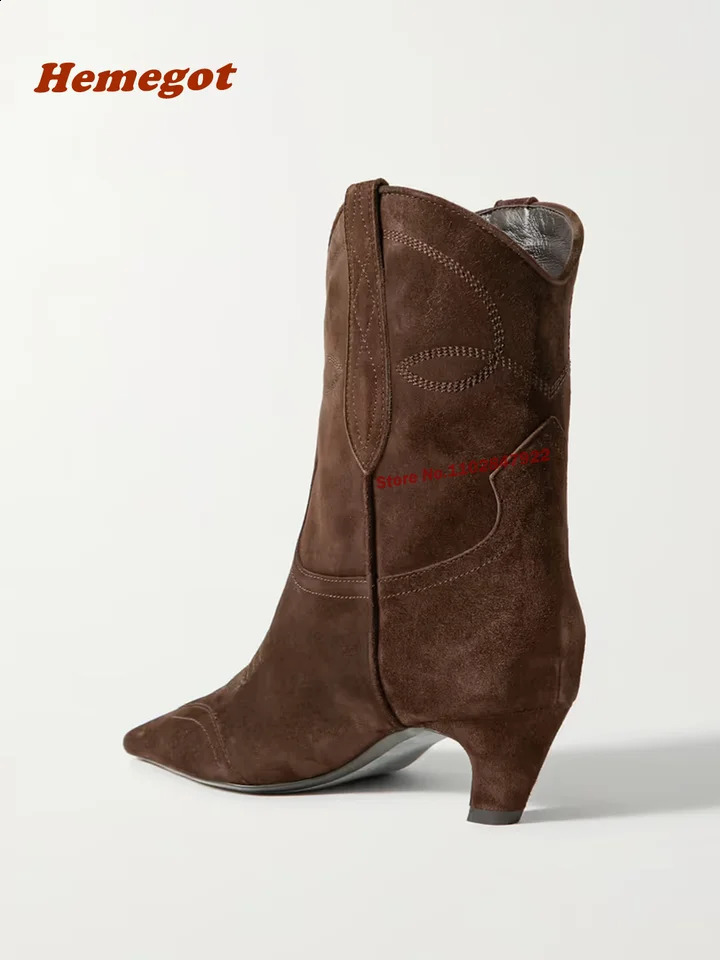 Embroidered suede cowboy boots with mid calf toes for women casual dark brown latest fashion winter 2024 plus size shoes 240930