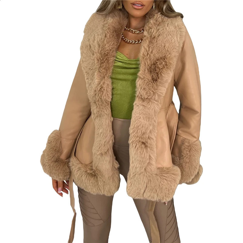 Lamusaa jacket womens y2k clothing artificial fur collar V-neck long sleeved PU leather coat with belt 2000s clothing jacket 240927CJ