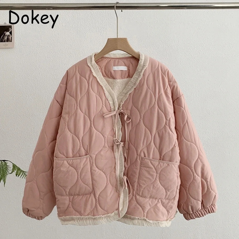 Japanese Lace-up Kawaii Cotton Jacket Women Sweet Vintage Ruffled Pink Y2k Trendy Lolita Parkas Winter Plush Warm Casual Outwear 241105