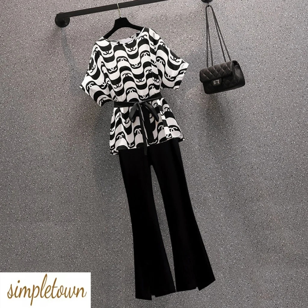 Fashionable and Elegant Chiffon Shirt Womens Summer Oversized Belly Covering Top Micro Flared Pants Twopiece Set 240927