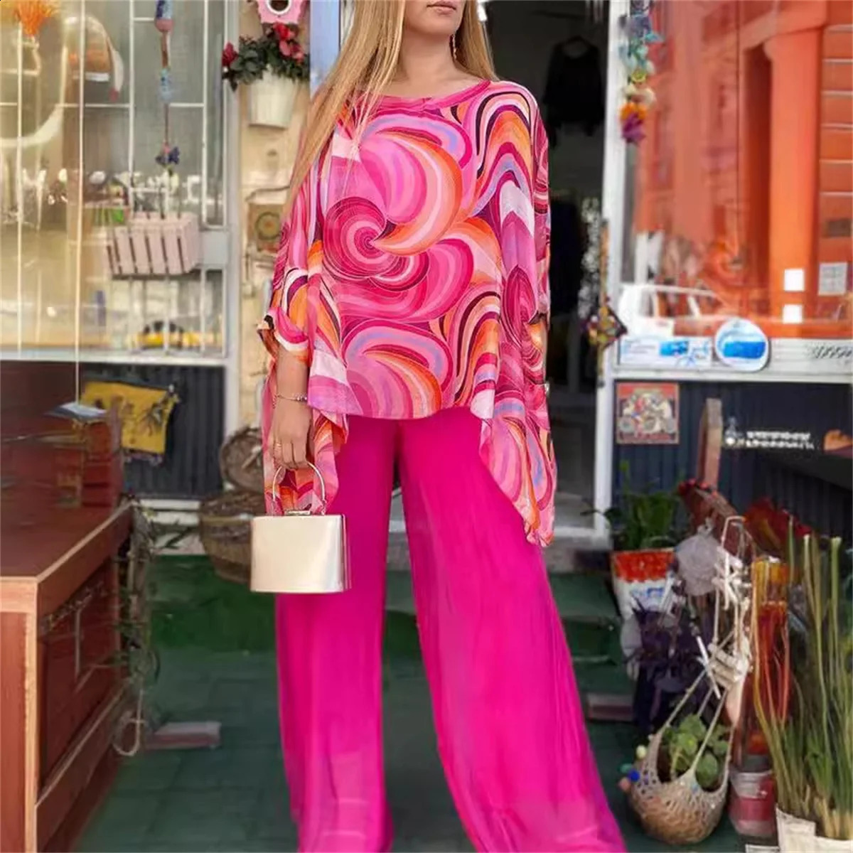 Summer Print Colorful Chiffon Set Two Piece Suit Round Neck Bat Sleeves Irregular Top Wide Leg Pants Casual 2 240927
