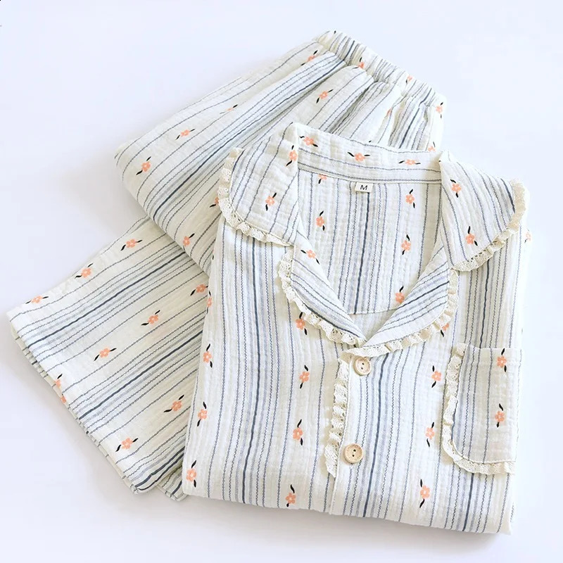 100% cotton Gauze womens sleepwear spring and autumn 2piece evening gown casual wear 240926