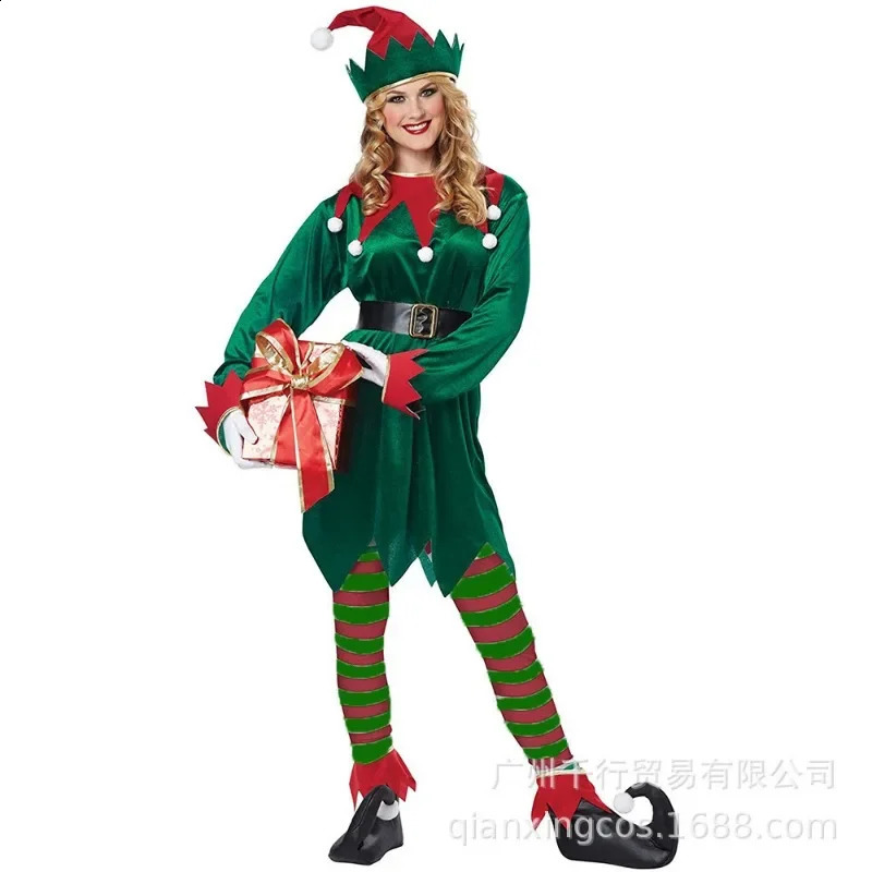 Christmas Elf Costume Womens Adult Santa Claus Green Elf Role Playing Costume Set Christmas Carnival Fancy Party Dress 240927