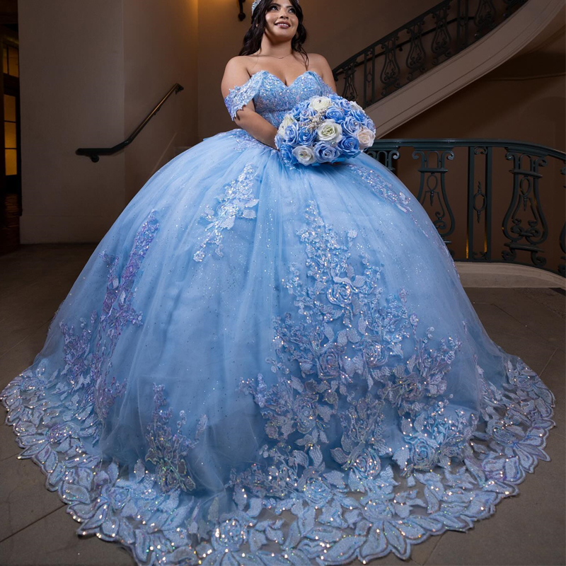 Quinceanera Dresses Off The Shoulder Lace Appliques Crystals Beading Bow Tull Ball Gown Sweet 16 Dress Vestidos De 15 Anos