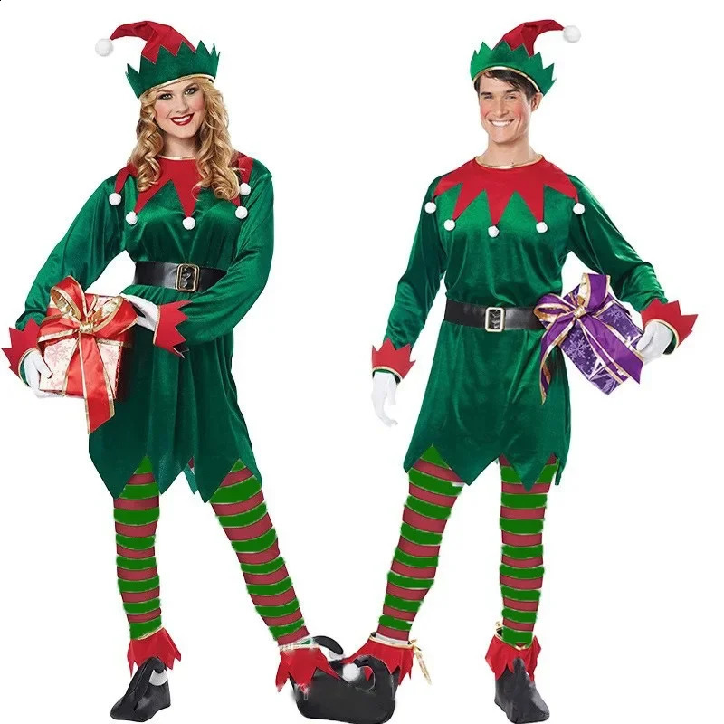Christmas Elf Costume Womens Adult Santa Claus Green Elf Role Playing Costume Set Christmas Carnival Fancy Party Dress 240927