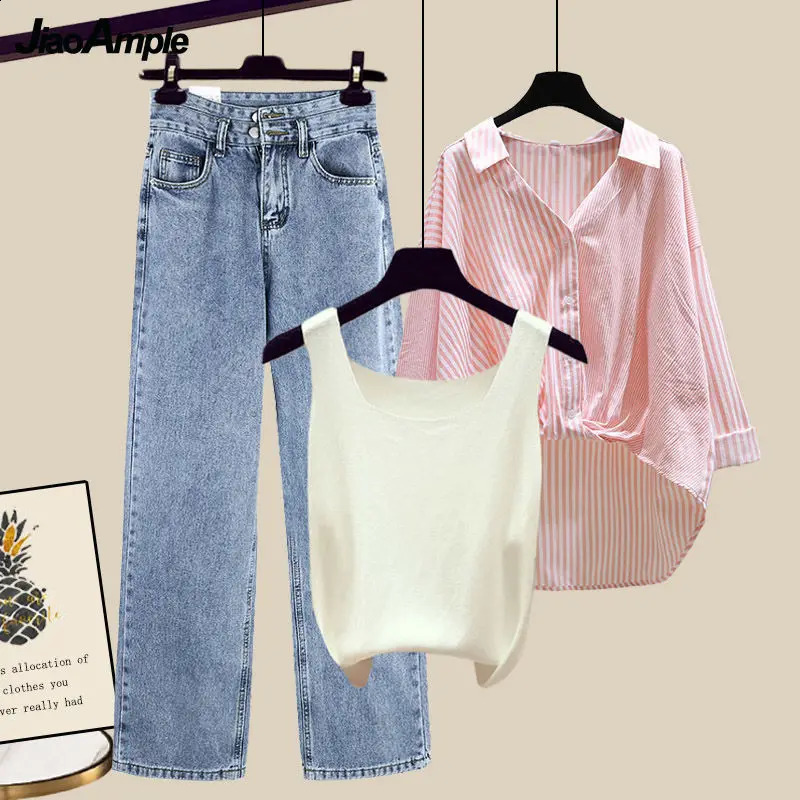 Womens summer striped sunscreen shirtvestwide leg jeans set Korean elegant cardiganjeans matching set 240927