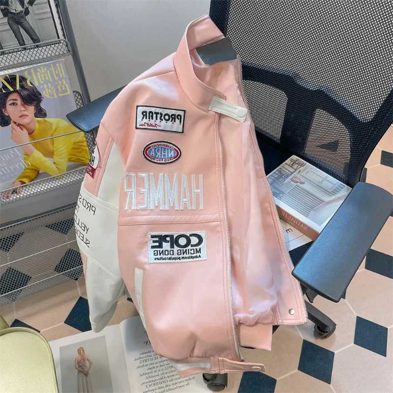 Pink European and American style high-end motorcycle leather jacket workwear baseball uniform high street sweet cool jacket W240926