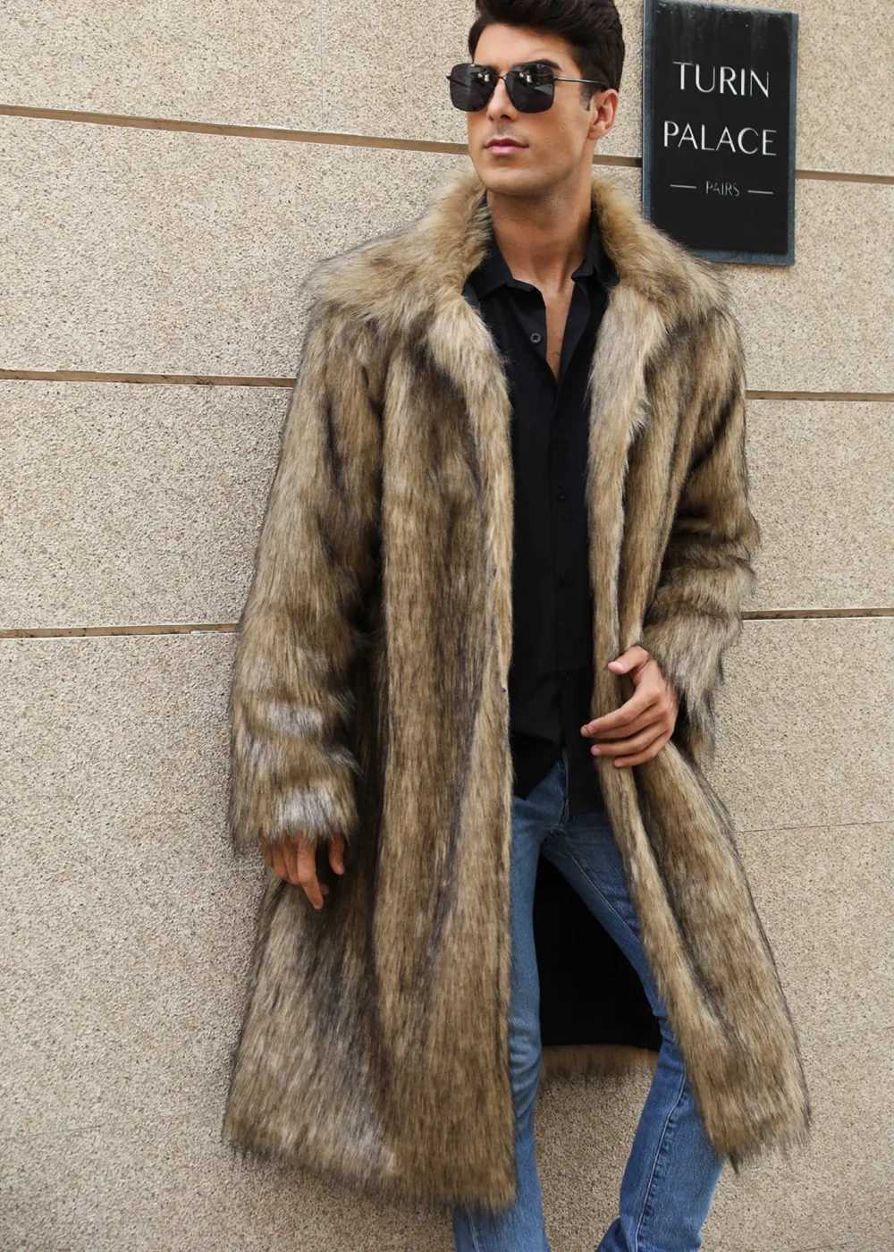 Men's Fur Faux Fur Coat Mens Warm Faux Fur Loose Autumn Winter Brown Long Coats Turn Down Collar Sve Men High Waist Maxi Elegant 2024 Jacket Q240926