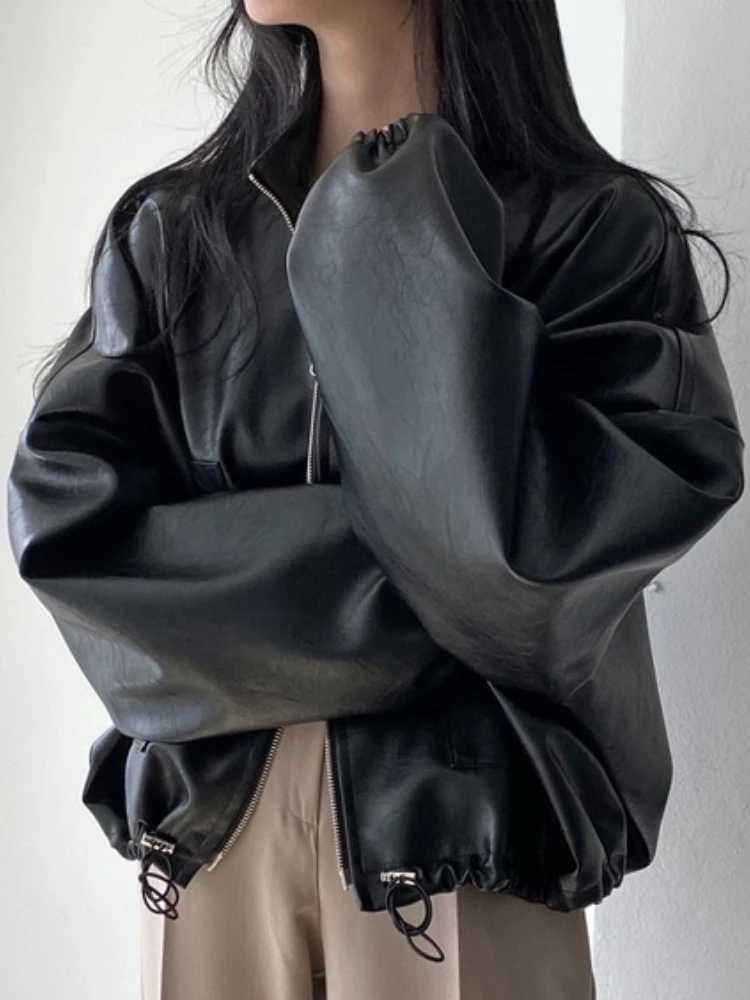 Winter punk black leather jacket womens coat loose zipper cut leather jacket casual motorcycle street clothing leather jacket W240926