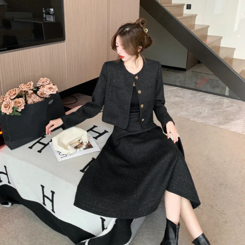 High Quality French Two Piece Set Women Tweed Solid Simple ONeck Long Sleeve Jacket CoatHigh Waist Skirt Suit Autumn Clothes 240926