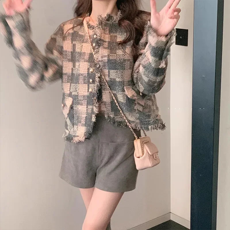 Yqgfs Crimson Romantic Coarse Felt Style Jacket Loose Fit Casual Top Womens Grey Plaid N Staff Collar