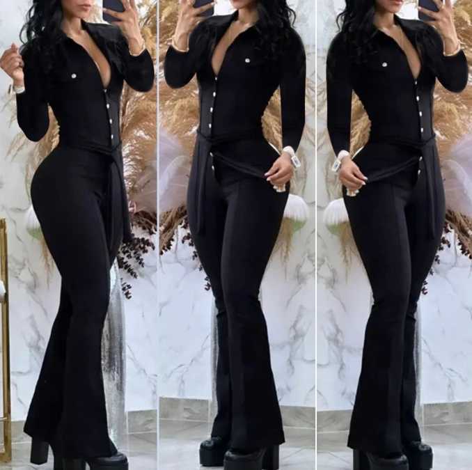 Jumpsuit Women Turn-Down Collar Long Sleeve Belt Button Wide Leg Solid Color Elegant Fashion Casual Office Lady M240926