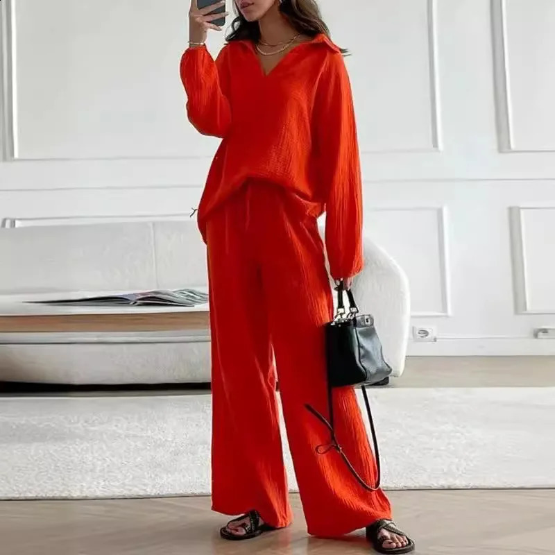 Casual long sleeved top and pants set for women fashion V-neck shirt wide leg pants two-piece set elegant womens clothing 240927