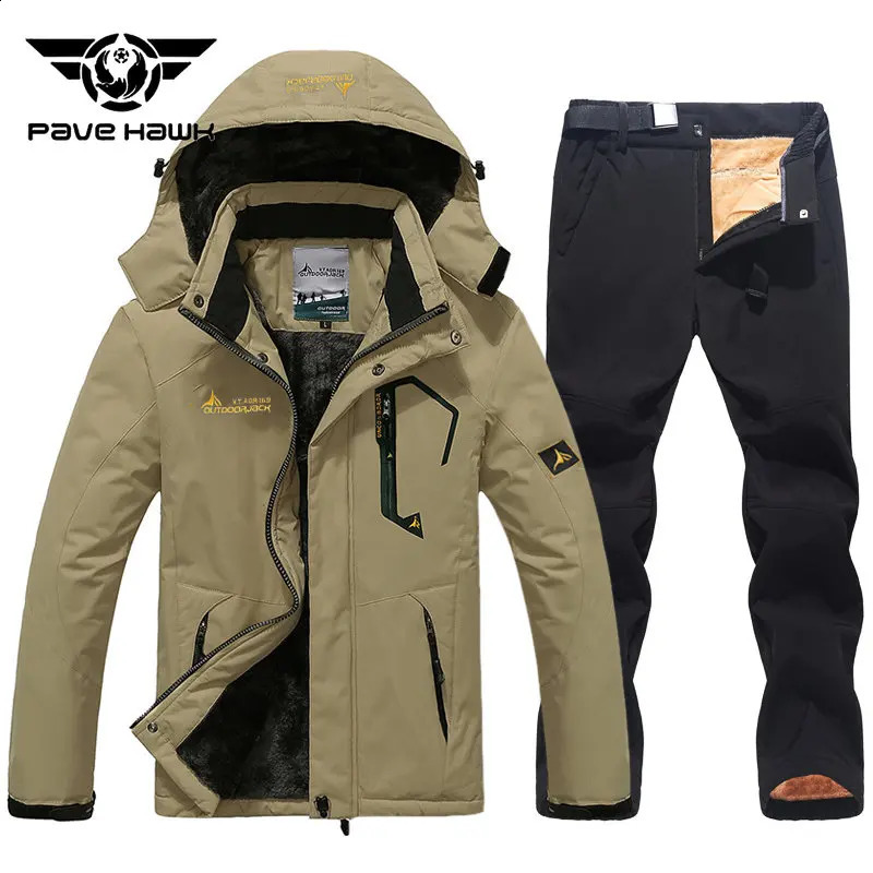 Winter skiing suit mens thick waterproof windproof hooded skiing jacket pants wool outdoor mountain skiing board skiing suit set 240914 - view 4