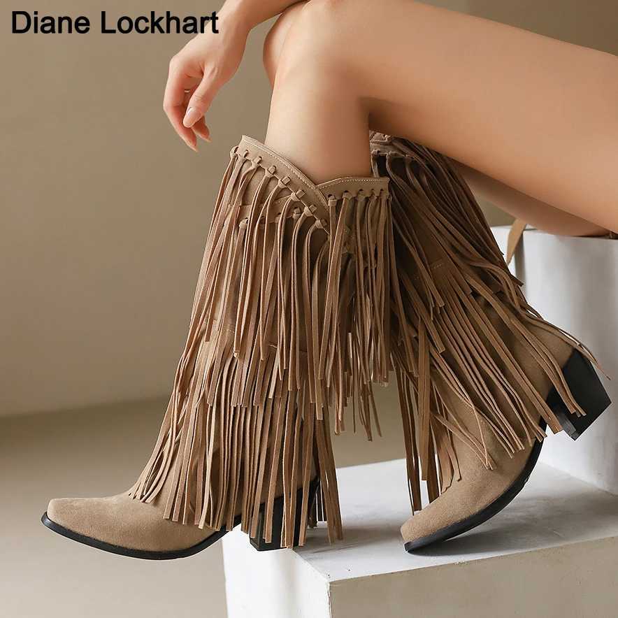 Large size 45 womens retro ethnic western cowboy boots mid piece fringed edge knee high boots womens winter shoes free delivery CL240927