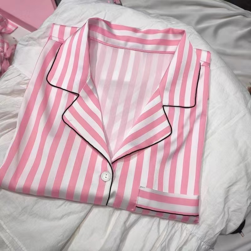 Autumn 2 Pieces ice Silk Striped Cardigan Pyjama Womens Pamas Sleepwear Sets Spring Summer VS Homewear 240415