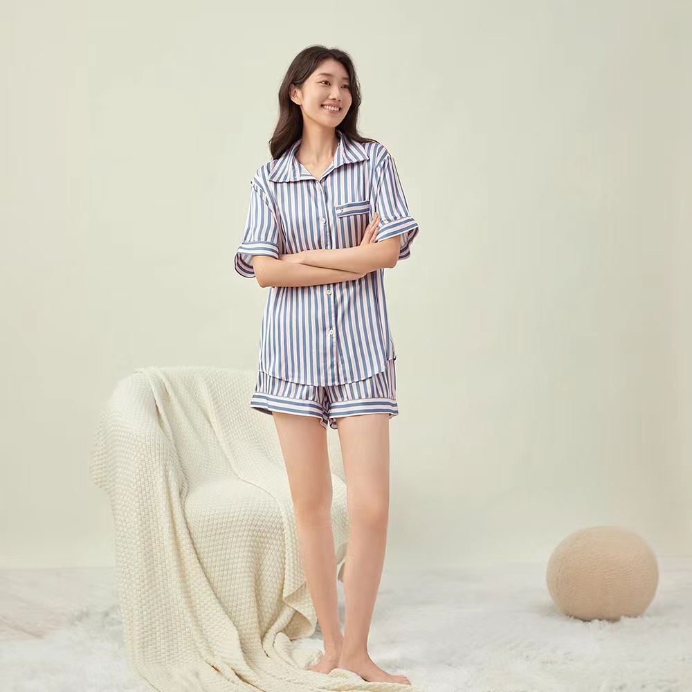 Autumn 2 Pieces ice Silk Striped Cardigan Pyjama Womens Pamas Sleepwear Sets Spring Summer VS Homewear 240415