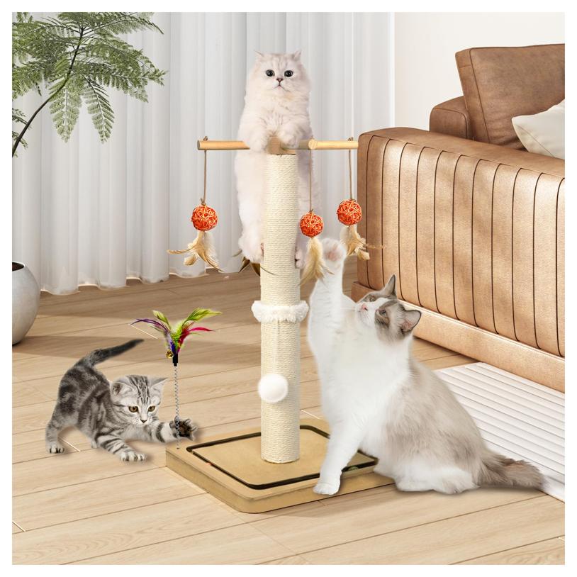 Post, Sisal Scratching Posts Indoor Cats Adults with Hanging Ball and Interactive Toys, 2 Mounting Methods Cat Scratcher for Kitten Cats, 25 inches