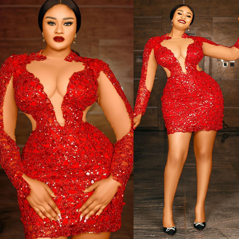 2024 Plus Size Red Cocktail Dresses For Women Short Prom Dresses Mini Dresses Illusion Sheer Neck Long Sleeves Beaded Lace Birthday Dresses For Specia
