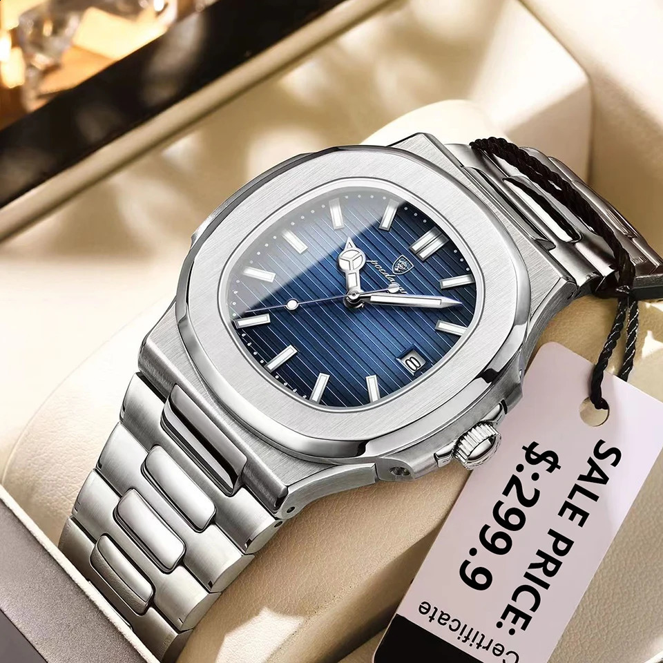 POEDAGAR Watch Business Waterproof Male Clock Luminous Date Stainless Steel Square Quartz Men reloj hombre 2024 y240919