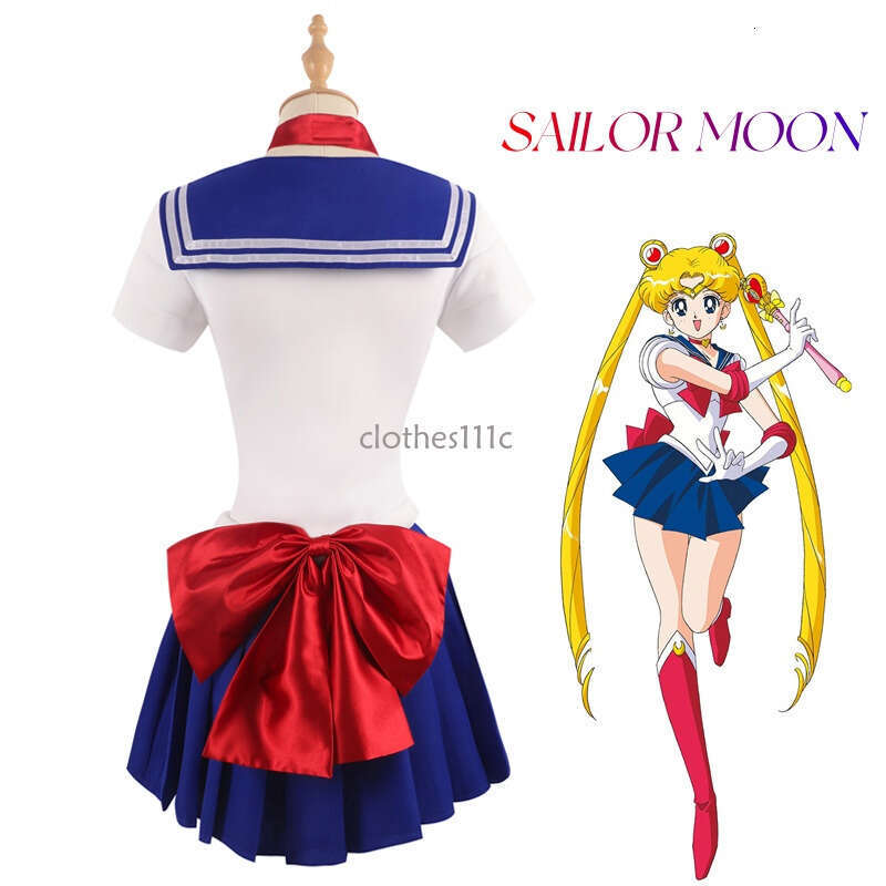 Women's Moon Tsukino Usagi Adult Cosplay Costume 7 Pcs Set Crystal Sailor Suit Dress Wig Props Uniform Outfit Halloween